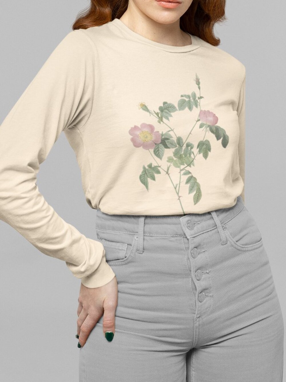 Rose Vintage Floral Print Long Sleeve Graphic Tee T-shirt S-XXL